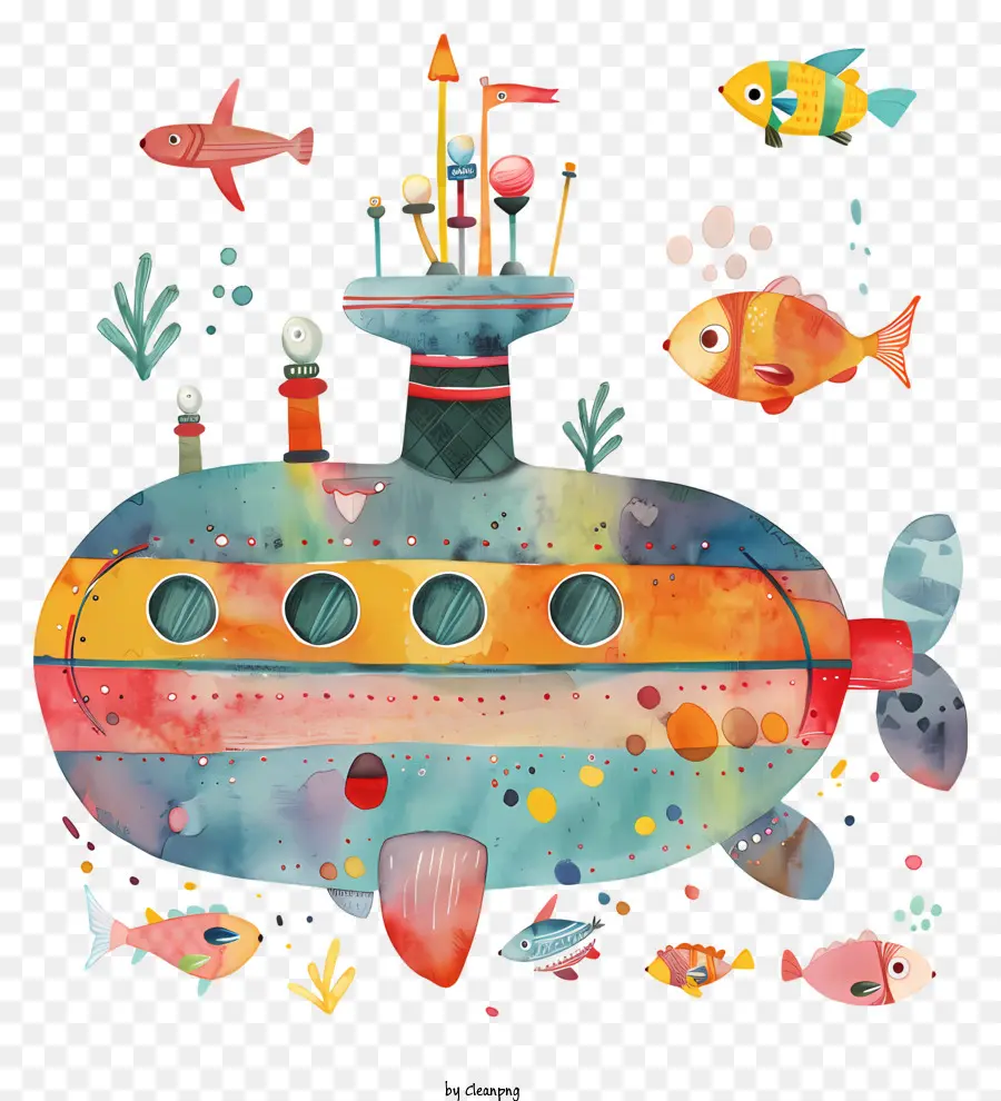 U Boot cartoon - Buntes karikaturisches U -Boot unter Wasser mit verschiedenen Fischen