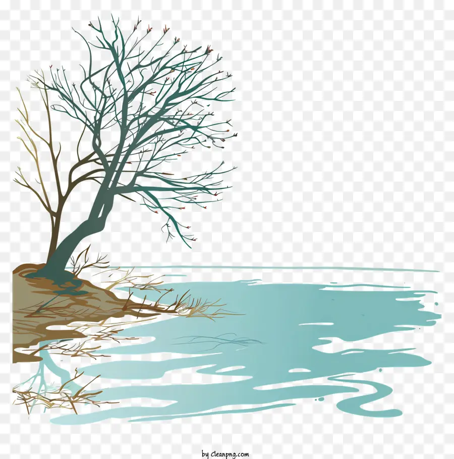Spring Lake Tree River Winter Mountains - Nackter Baum am felsigen Flussufer im Winter