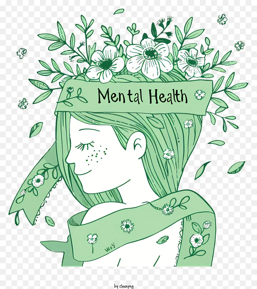 Welttag Der Geistigen Gesundheit - Frau mit grünem Haar, weißen Augen, Blumenkrone