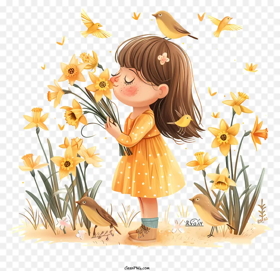 bó hoa - Cô gái trẻ vui vẻ trong lĩnh vực hoa thủy tiên