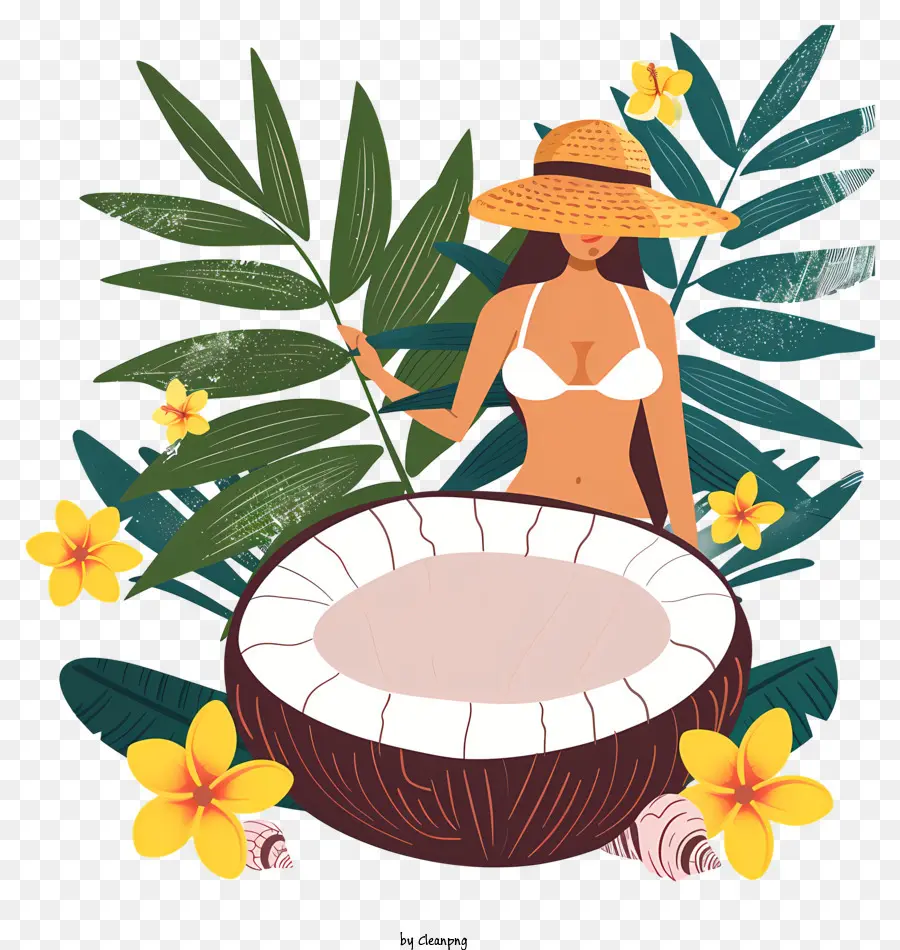 Kokos - Frau im Bikini, das Kokosmilch ausgießt
