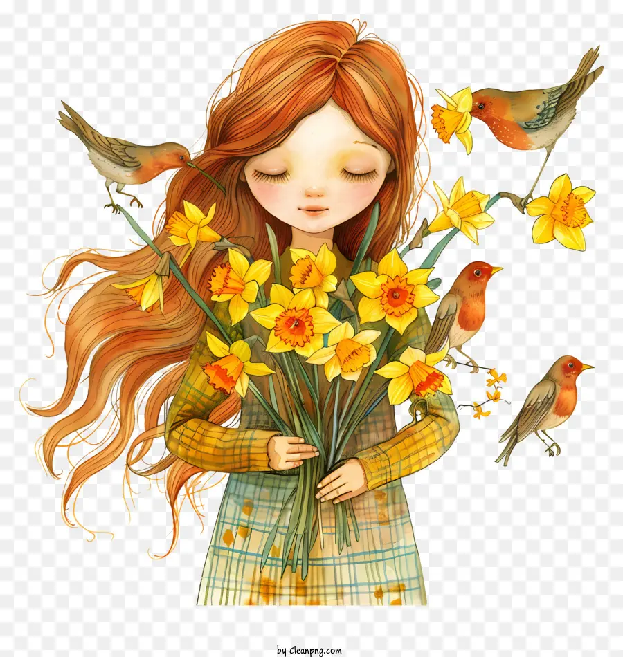 Frühlings Narzissen Girl Girl Bouquet - Mädchen mit Blumen, Vögeln, friedlich, bunt