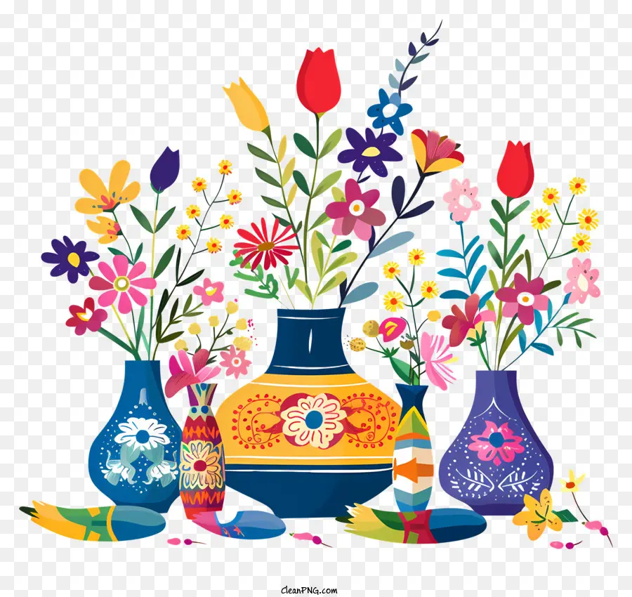 Happy Nowruz vasi fiori di girasoli rose - Fiori colorati in vasi su sfondo nero