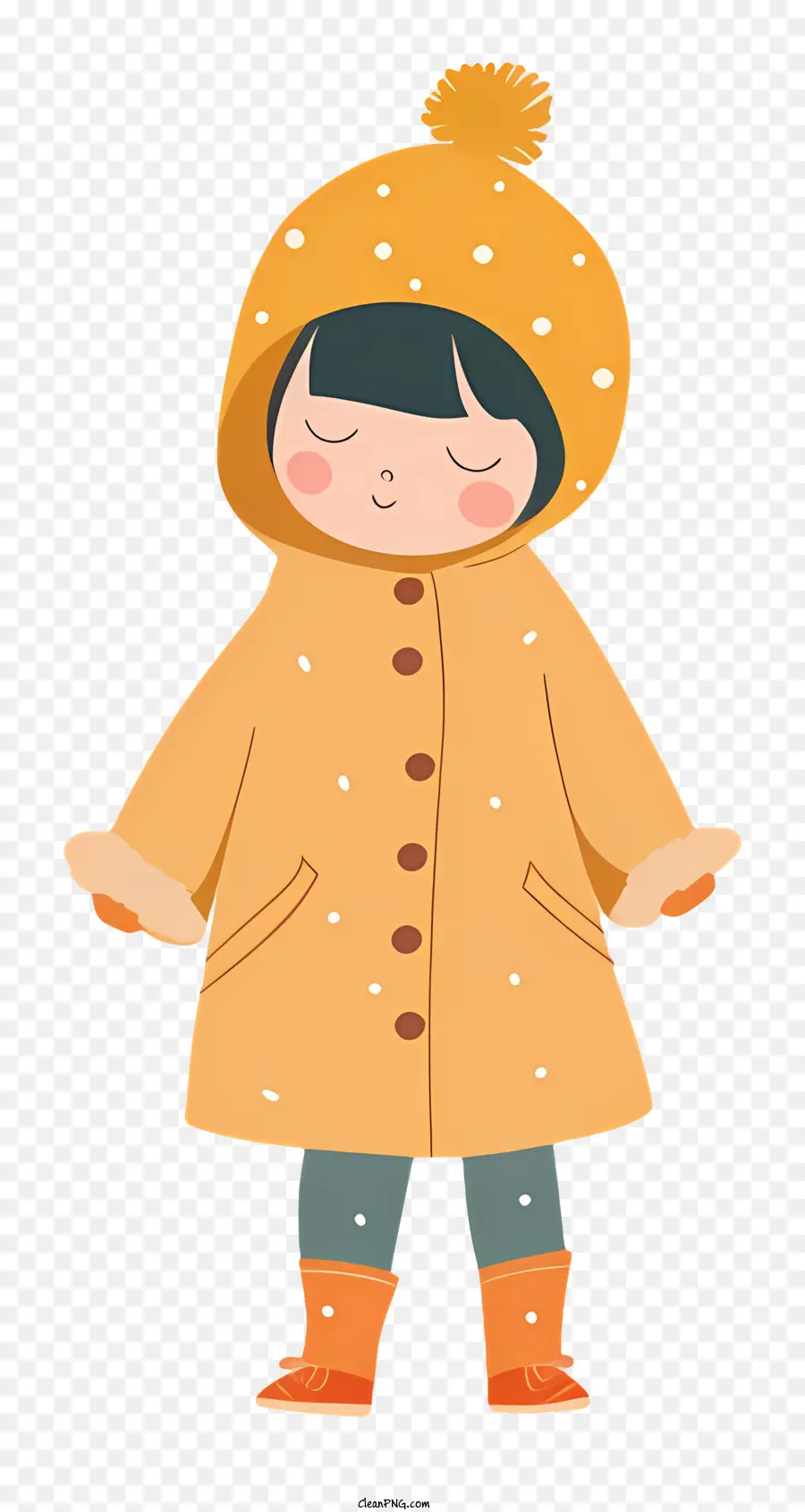 kleines Mädchen im Regenmantel Winter Mode junges Mädchen Cartoon Charakter gelber Mantel - Mädchen in Winterkleidung, die mit geschlossenen Augen beten