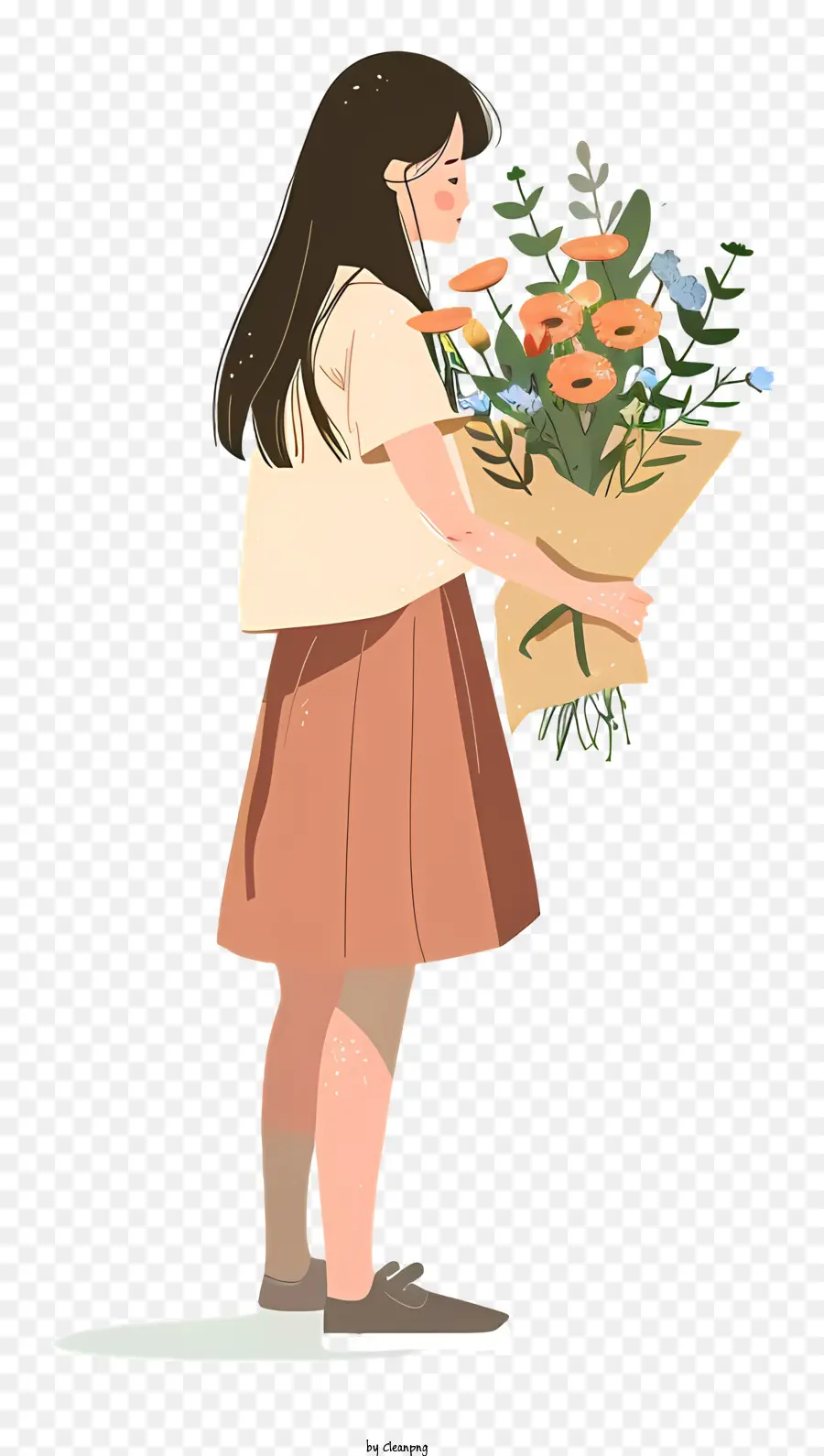 girl holding bouquet cartoon woman bouquet flowers