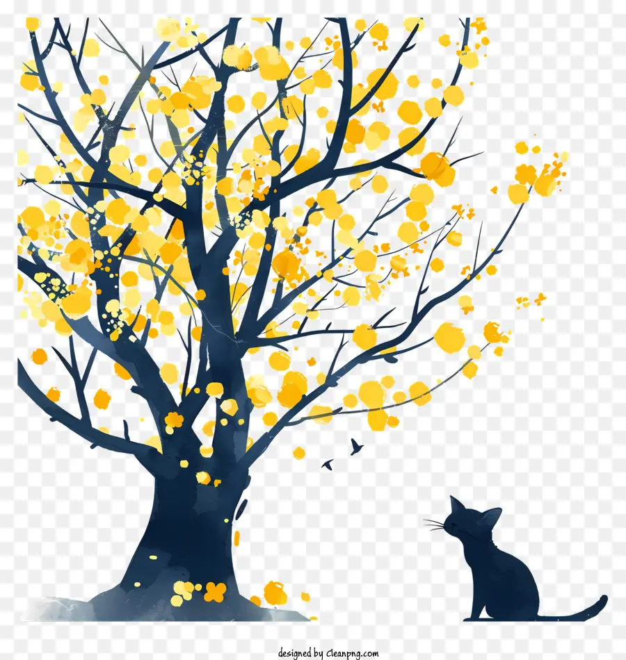 Katze unter Baum schwarzer Katzenbaum Herbst gelbe Blätter - Schwarze Katze sitzt unter gelbem Baum