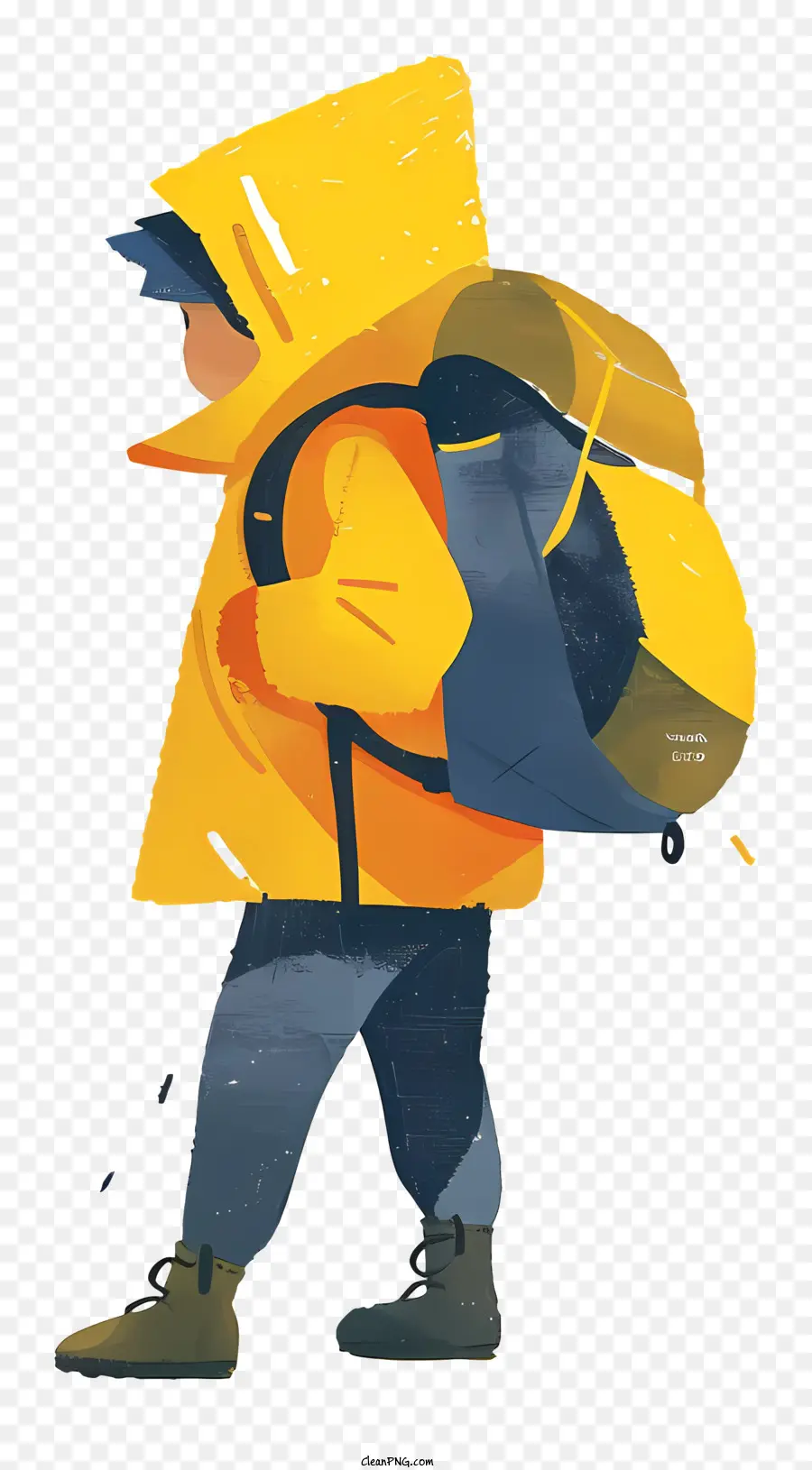 Junge mit Rucksack Cartoon Illustration Mann im gelben Regenmantelrucksack bestimmter Ausdruck - Mann im gelben Regenmantel mit einem Rucksack, der weggeht