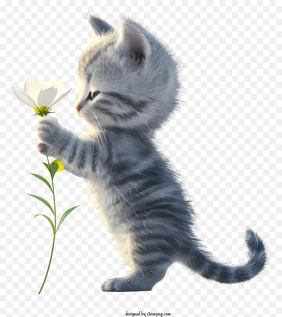 Kleine Katze spielen Blumen Kätzchen niedlich grau weiß - Entzückendes graues Kätzchen mit weißer Blume