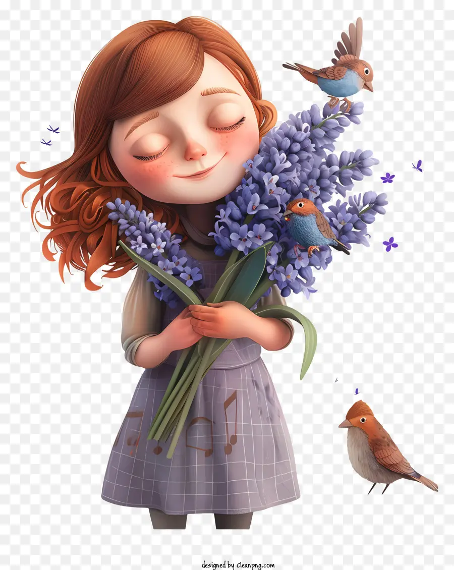 Frühlingsmädchen Hyazinthe junges Mädchen lockiges rotes Haar - Happy Redhead Girl mit Flieder und Vögeln