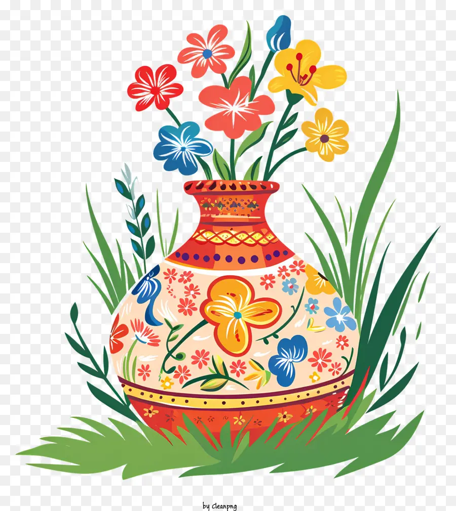 Happy Nowruz Blumenarrangement Vase Bunte Blumen Keramik - Bunte Vase von lebendigen Blüten im Gras