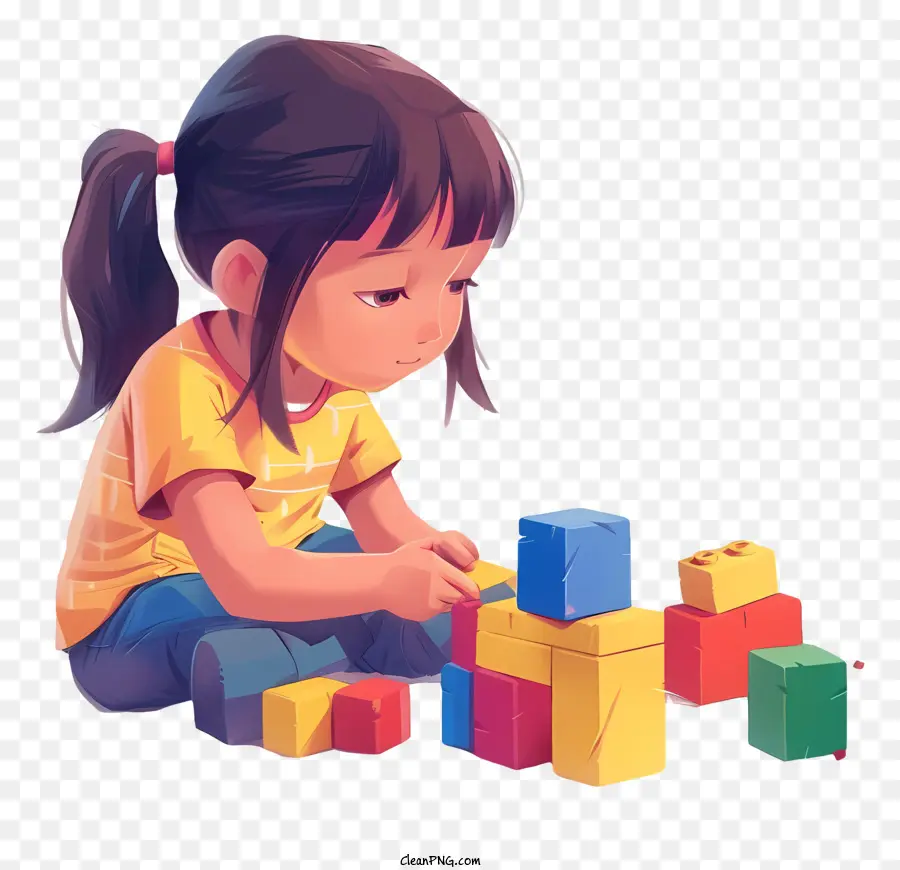 Kinder spielen Blöcke farter Turm - Mädchen baut bunte Blockturm mit Lächeln