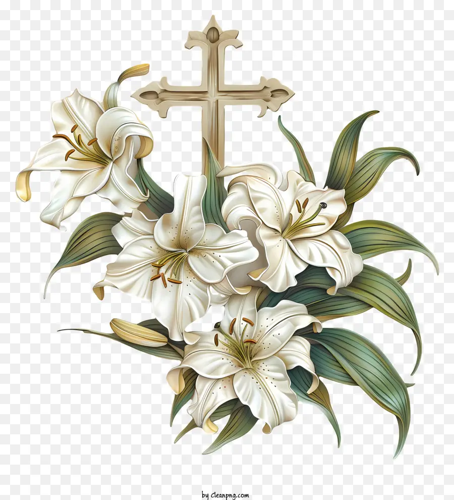 Karfreitag - Elegante weiße Lilien mit Kreuz auf Schwarz