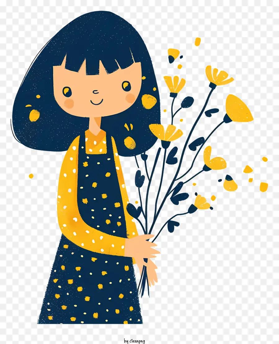 Mädchen hält Bouquet Frau Blumen gelbe blaue Schürze - Glückliche Frau, die gelbe Blumen in Schürze hält