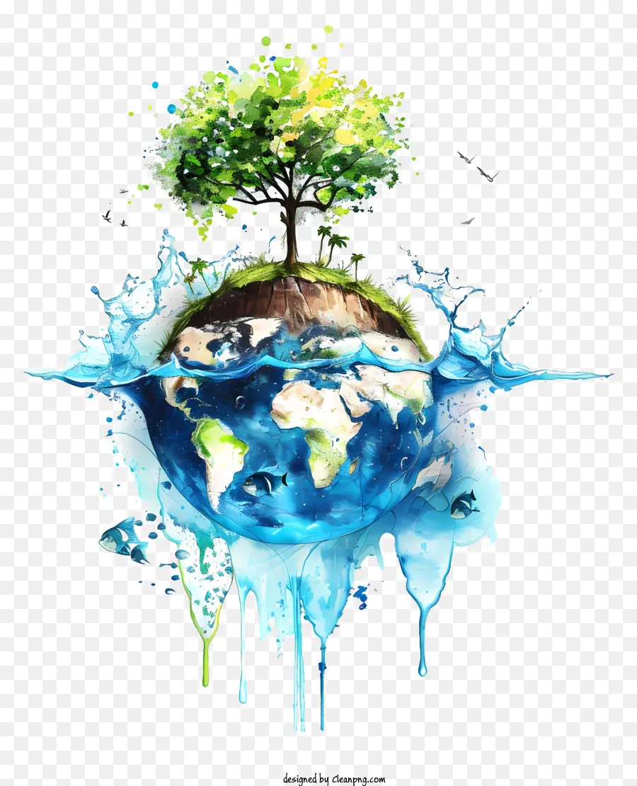 La Giornata Mondiale Dell'Acqua - Piccolo pianeta d'acqua con albero e schizzi di vernice