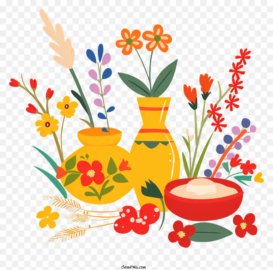 la disposizione dei fiori - Vasi colorati, fiori, frutta su sfondo nero