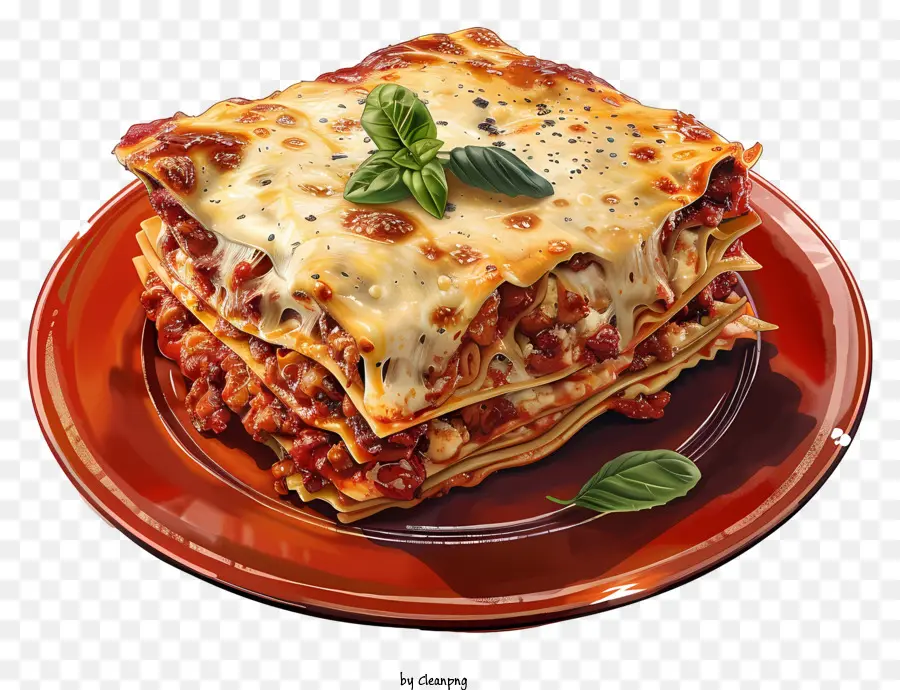 cà chua - Lasagna trên đĩa đỏ với nước sốt và trang trí