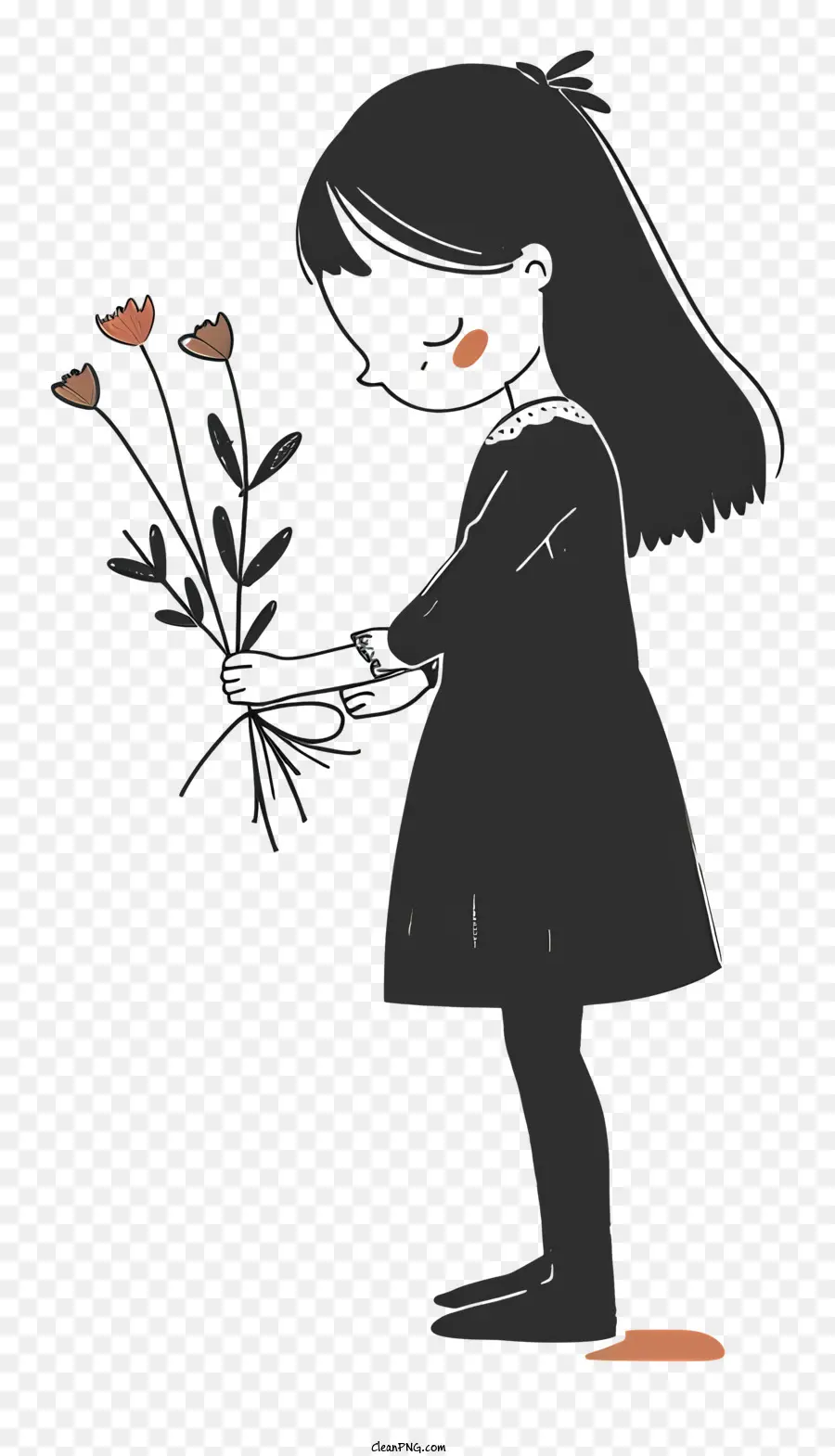 Ragazza che tiene bouquet ragazza ragazza rosa fiori sfondo nero abito nero - Giovane ragazza che tiene fiori rosa, espressione sognante