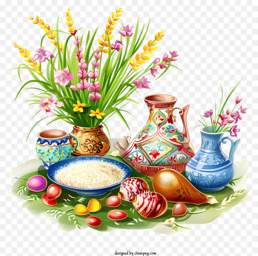 Happy Nowruz Food Eggs Orangen Reis - Tisch mit Essen und Blumen dekoriert