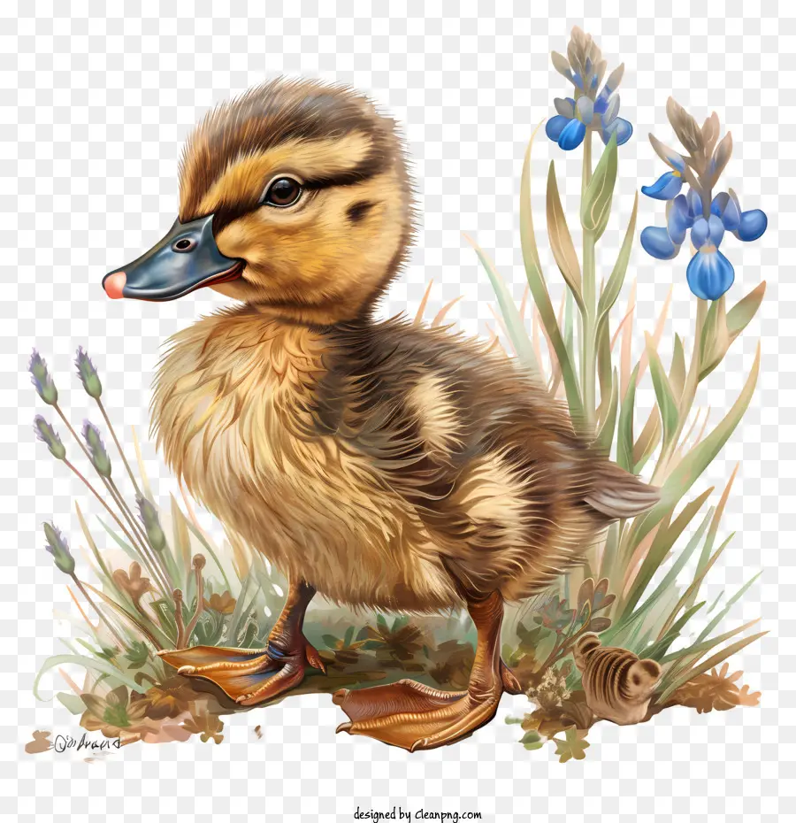 baby Ente - Baby Ente in hohem Gras, Schnabel offen