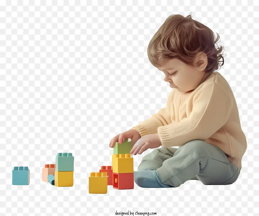 Khối đồ chơi trẻ em thời gian chơi áo len màu nâu màu vàng - Trẻ chơi với các khối trên sàn