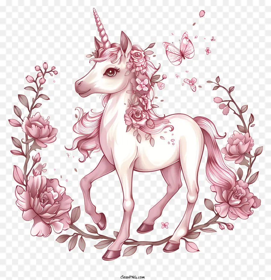 rose rosa - Unicorno bianco nel cerchio di rose rosa