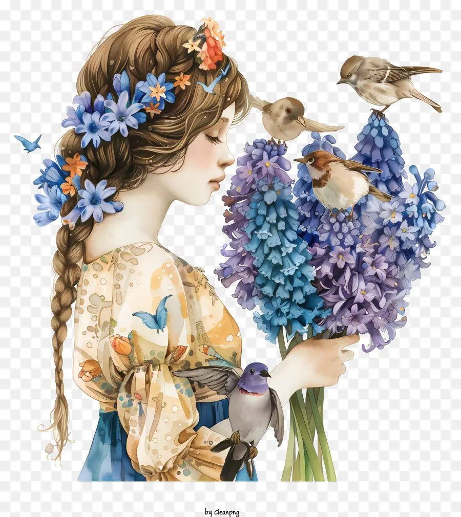 Frühlingsmädchen Hyazinthe Frau Blaues Kleid - Frau in blauem Kleid mit Blumen, Vögel