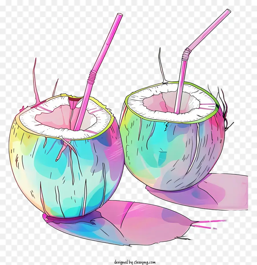 Kokos - Zwei Kokosnüsse mit farbenfrohen Gradienten und Stroh