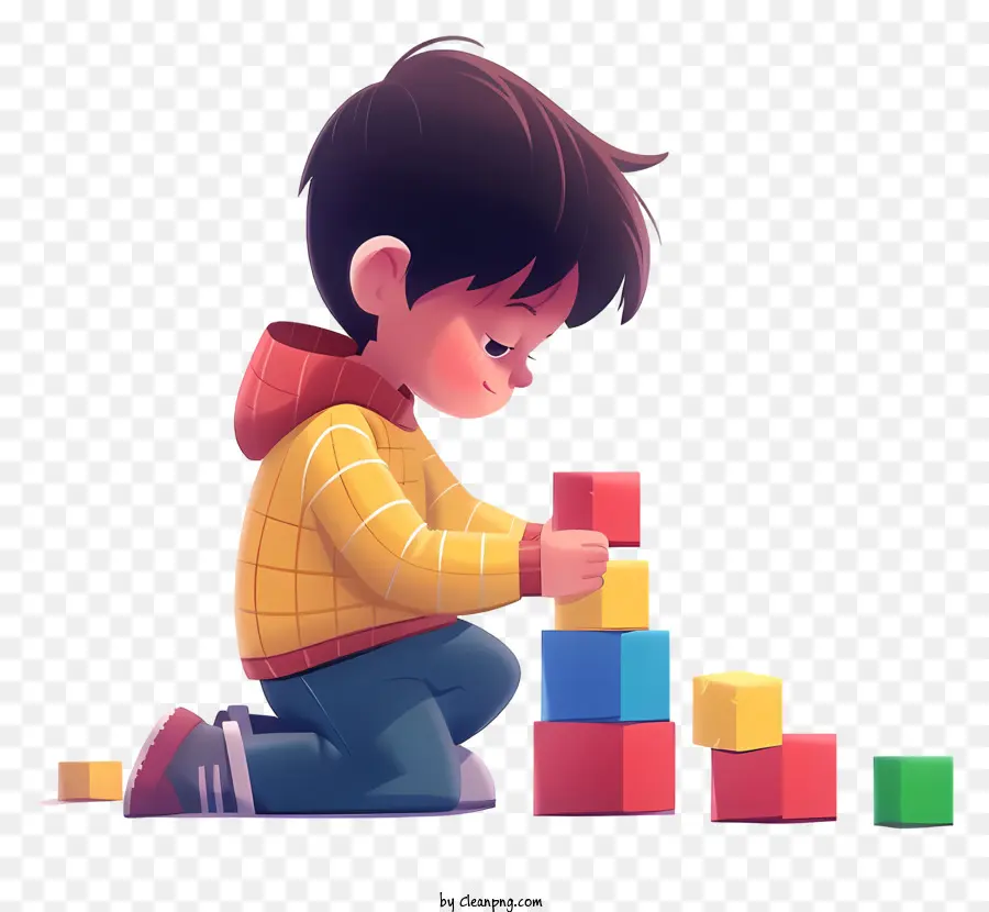 Junge spielen Blöcke farbenfrohe Plastik - Junge spielt mit farbenfrohen Blöcken, monochromem Bild
