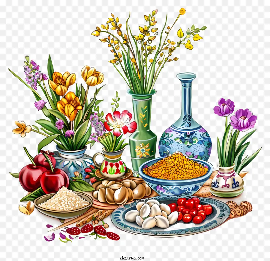 Happy Nowruz Food Tisch Tulpen Reisschüssel Nudelplatte - Tabelle mit einer Vielzahl von lebendigen Lebensmitteln