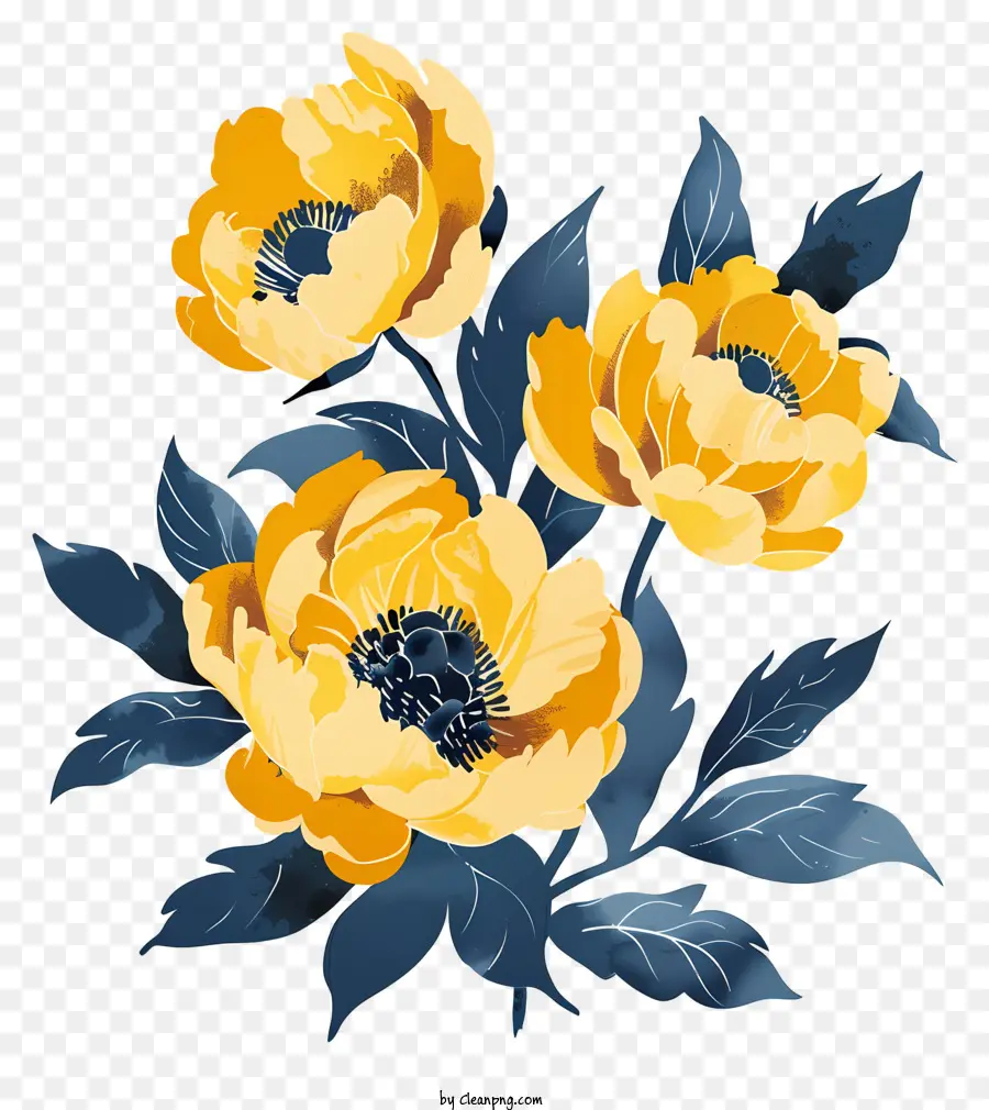 composizione fiore di peonia giallo peonie bouquet foglie blu scuro disposizione floreale - Bouquet illustrato di peonie gialle con rugiada