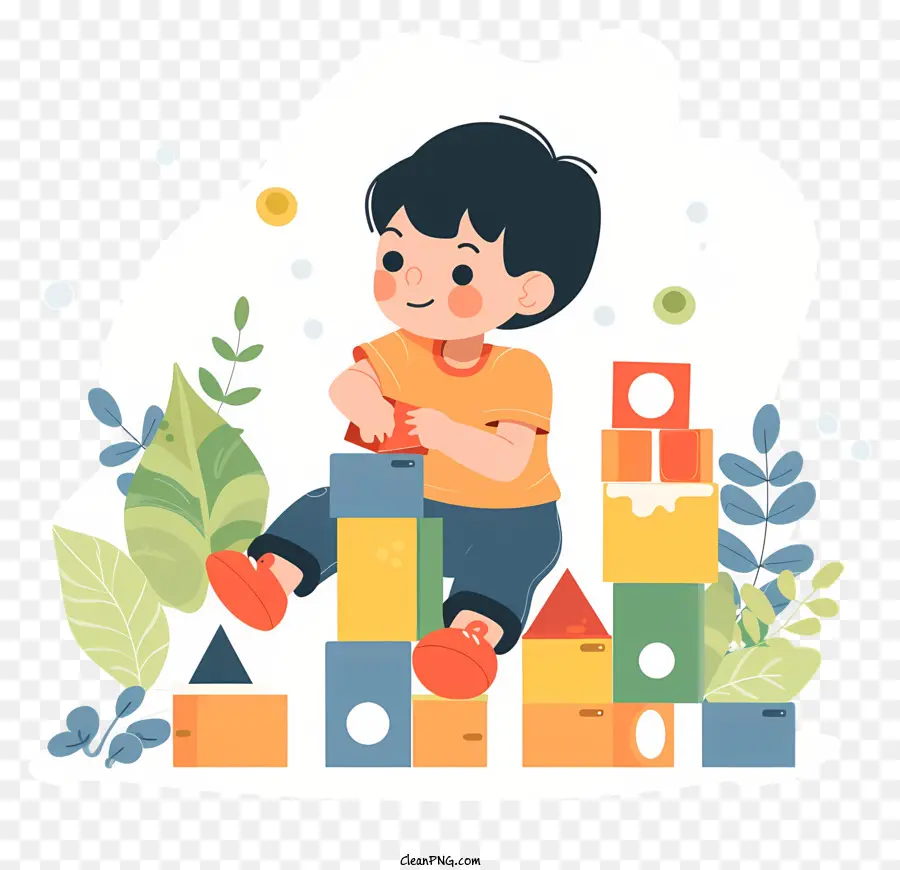 Bambino ragazzo che gioca a colori di blocchi - Ragazzo felice che gioca con blocchi colorati all'aperto