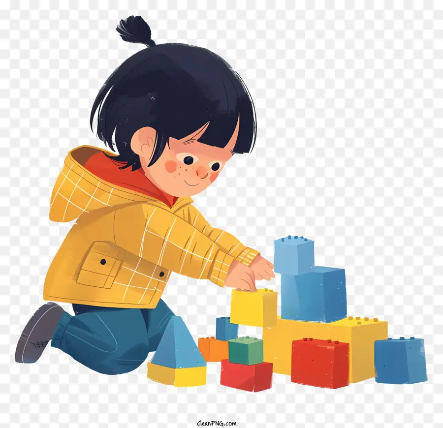 Cartoon Young Girl Spielzeug gelbe Jacke Blöcke - Fröhliches Comic -Mädchen, das mit bunten Blöcken spielt