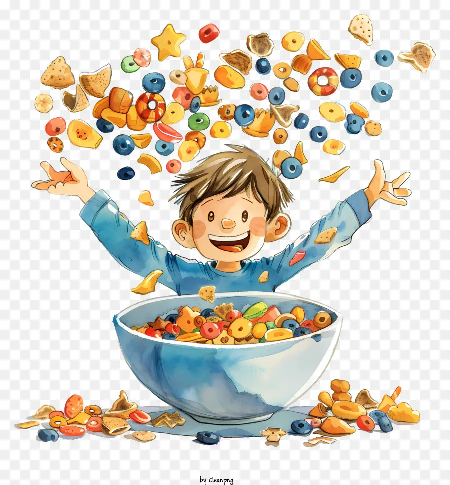Ngũ cốc ăn sáng trái cây ngũ cốc - Cậu bé tinh nghịch với bát ăn sáng đầy màu sắc