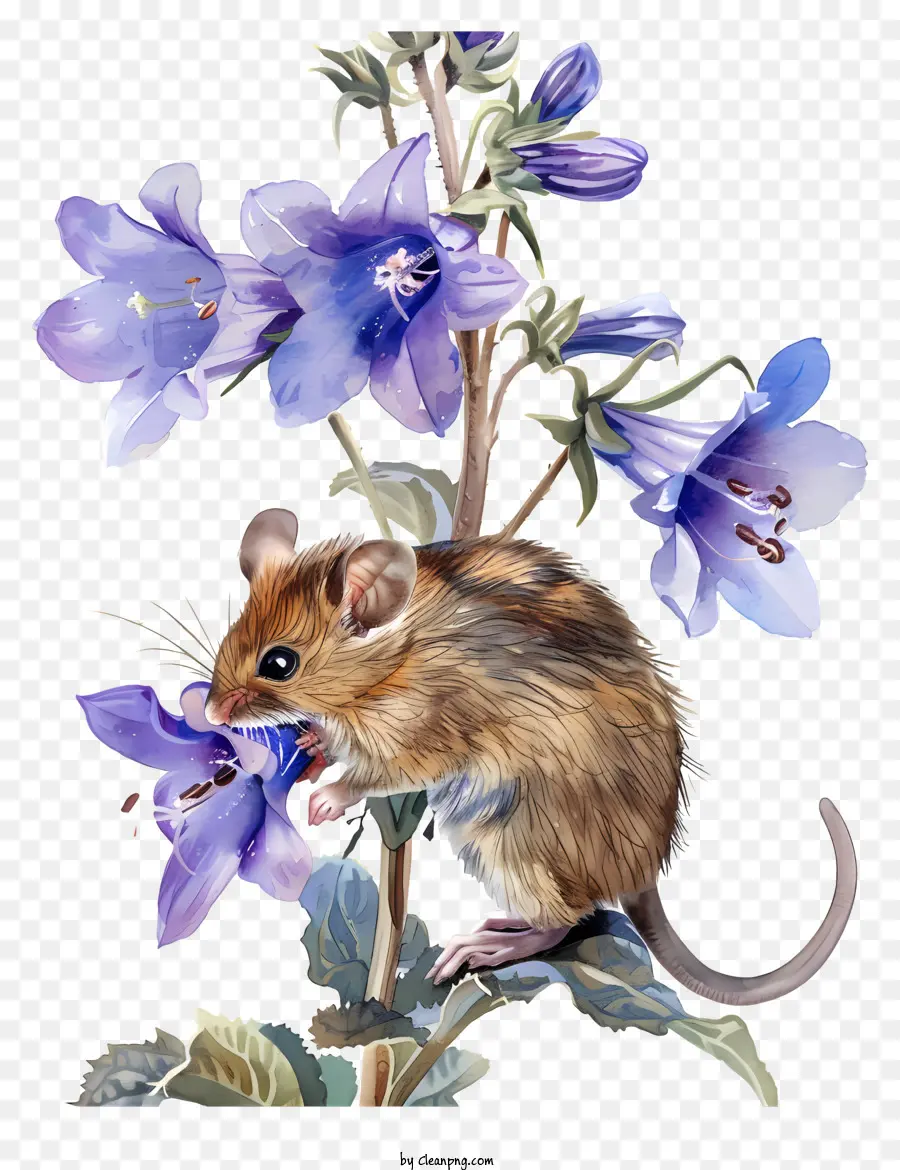 foglie di foglie di topo del mouse primavera - Mouse marrone sulla pianta con fiori rosa