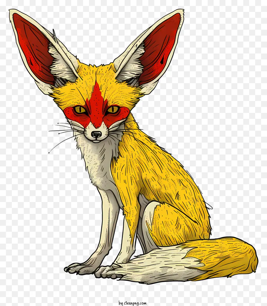 Fennec Fox Yellow Fox Red Ears White Markings che fa la coda - Volpe gialla con orecchie rosse, segni bianchi. 
Sfondo nero