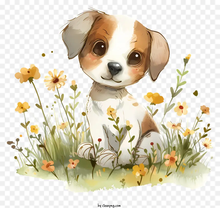 cucciolo cucciolo di fiori selvatici cuccioli carini marrone pelliccia - Carino cucciolo marrone nel campo colorato di fiori selvatici