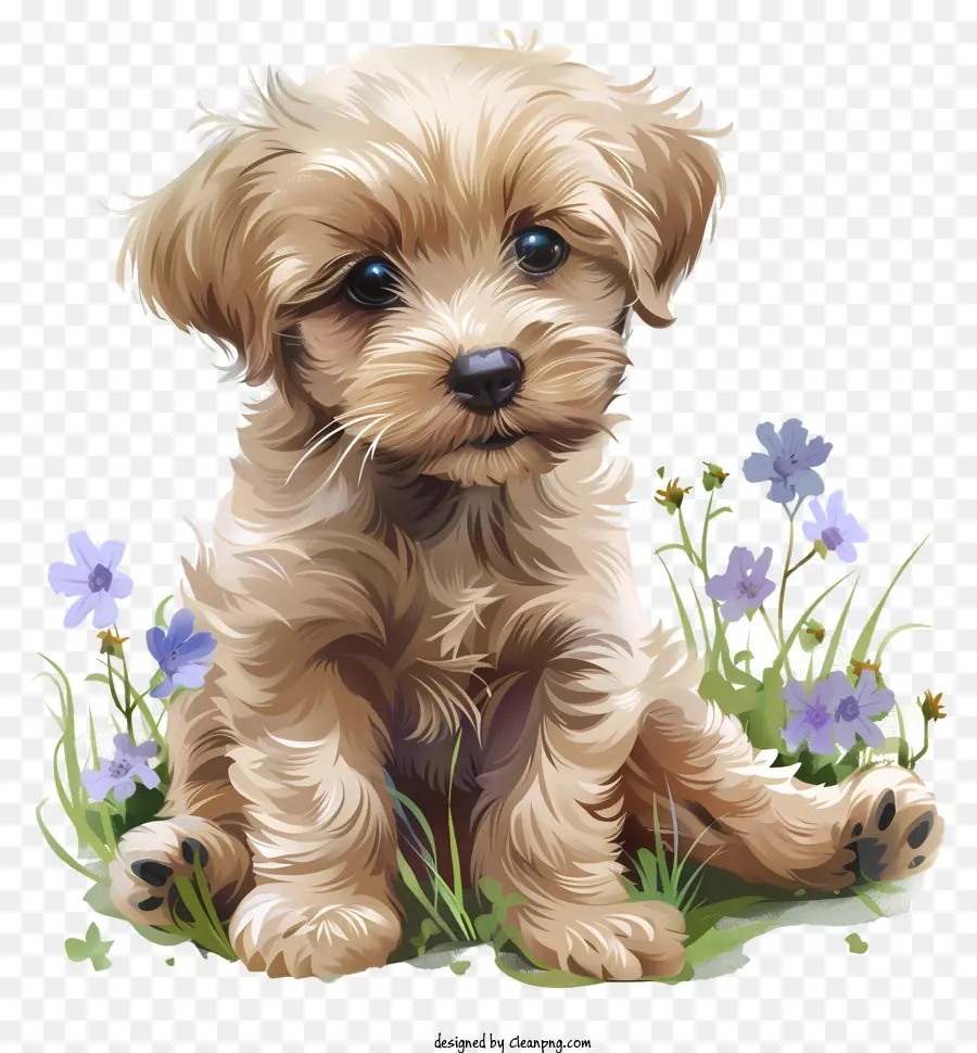 Ngày chó con Puppy trắng lông màu nâu - Con chó con trắng trên cánh đồng hoa hạnh phúc