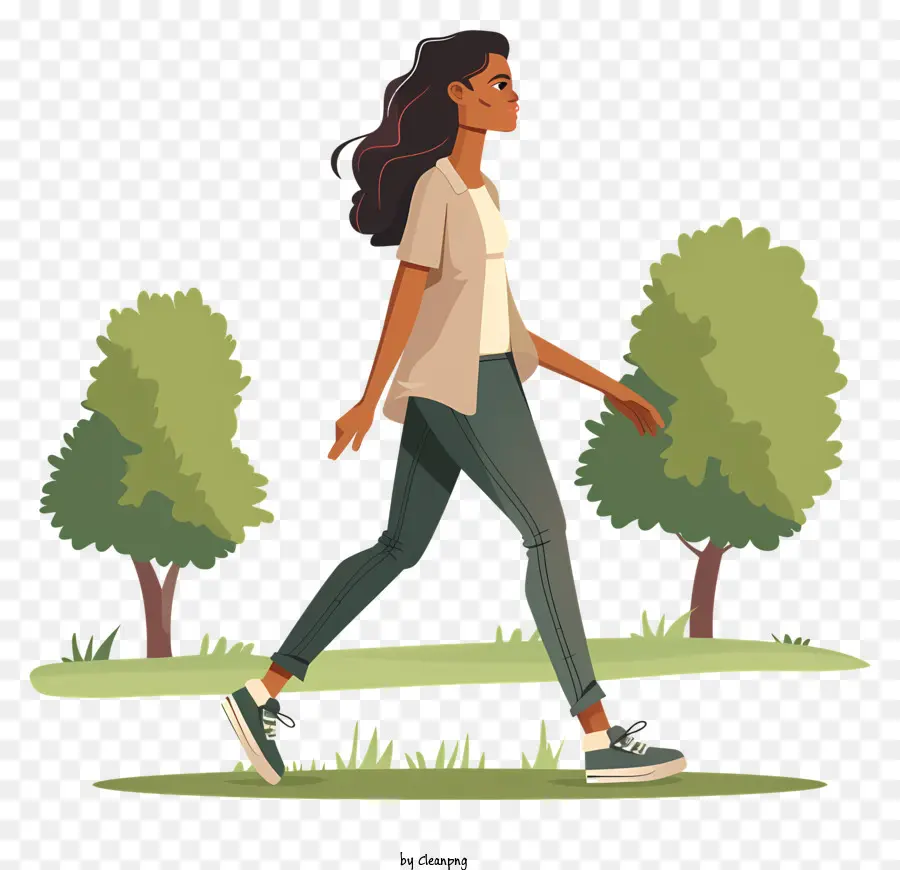 Wanderfrau Cartoon Frau Gras Tennisschuhe T-Shirt - Junge Frau, die mit Telefon auf Gras geht