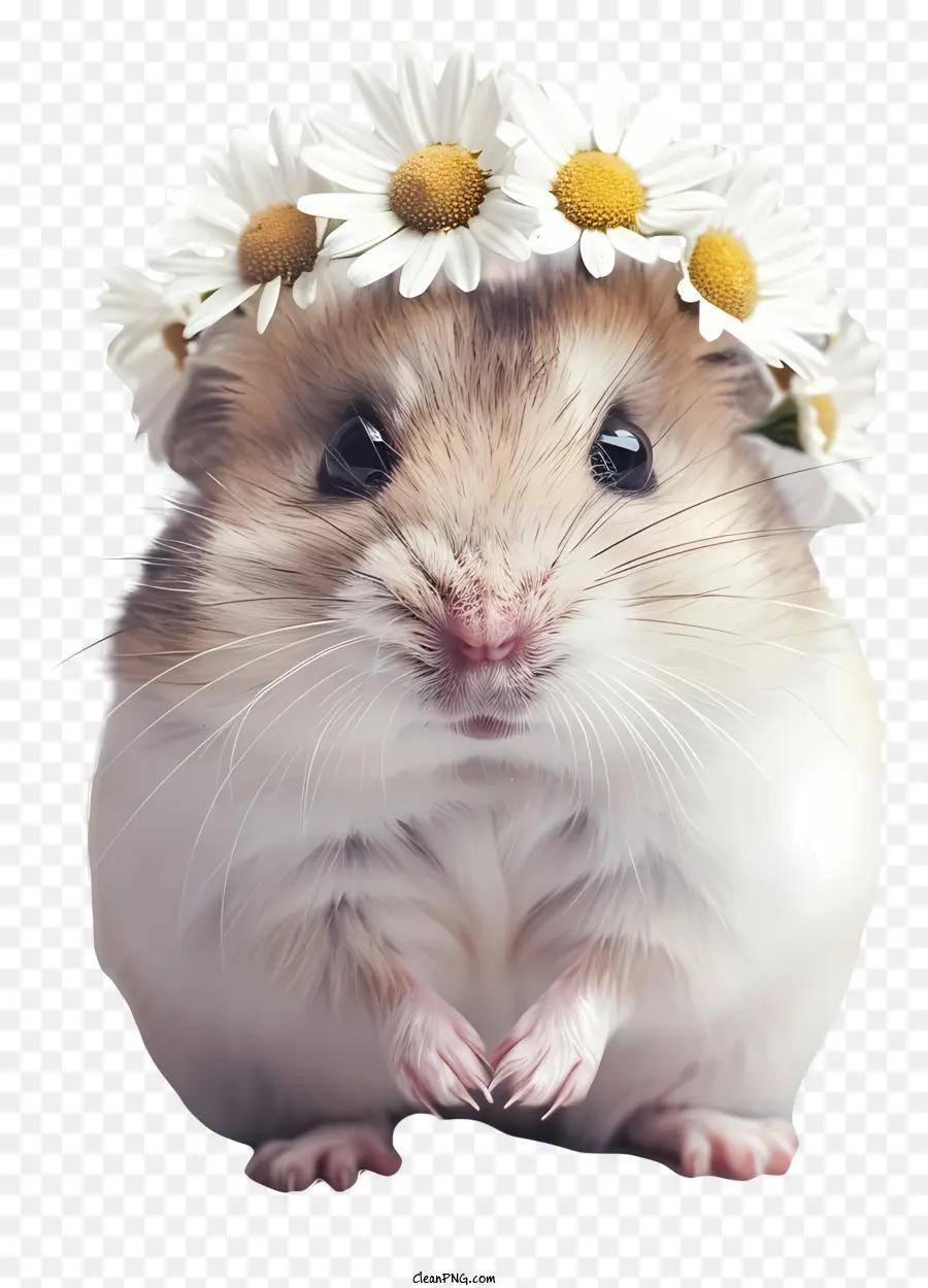 Hamster - Ernsthafter Hamster, der Gänseblümchenkranz trägt und direkt aussieht