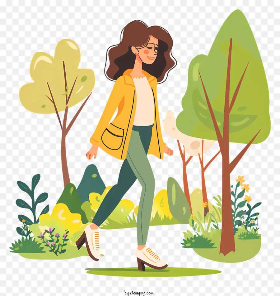 Domande da donna Cartoon del parco di moda femminile camminata gialla gialla - Donna sorridente in parco che indossa una giacca gialla