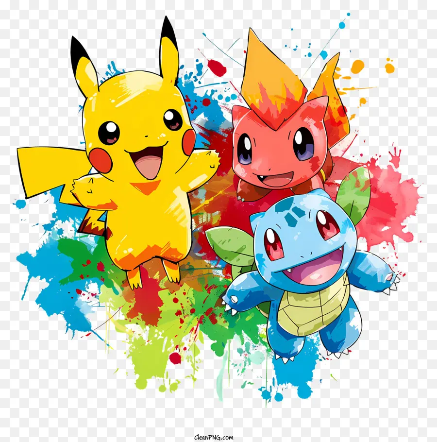 ash cứu - Nhân vật Pokemon trong trang phục đầy màu sắc trên bề mặt bắn tung tóe