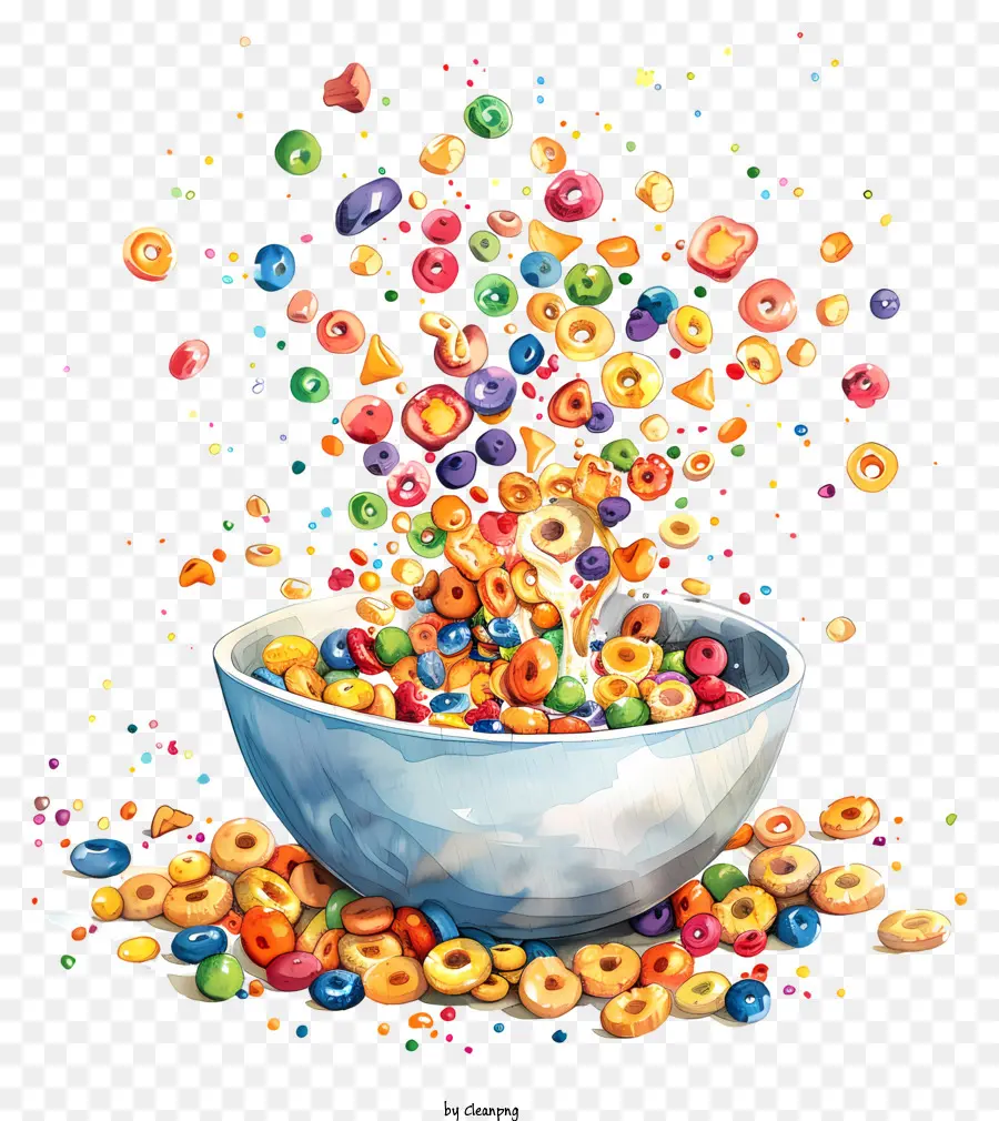 cereale giorno cereale colorato ciotola acquerello - Ciotola di cereali colorata con pezzi sparsi