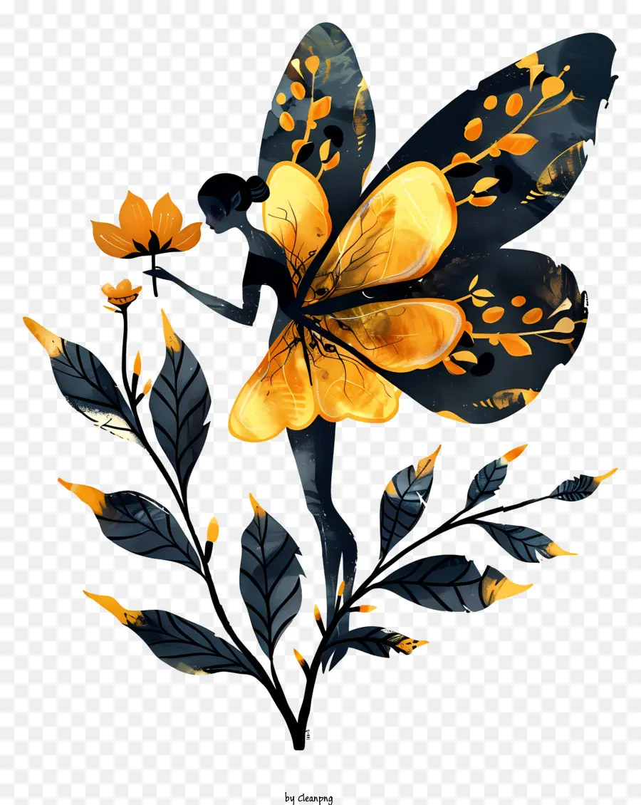 Blumenfee Frau schwarzes Kleid langes fließendes Haar goldener gelber Schmetterling - Gelassenheit und Schönheit in Schwarz/Weiß abgebildet
