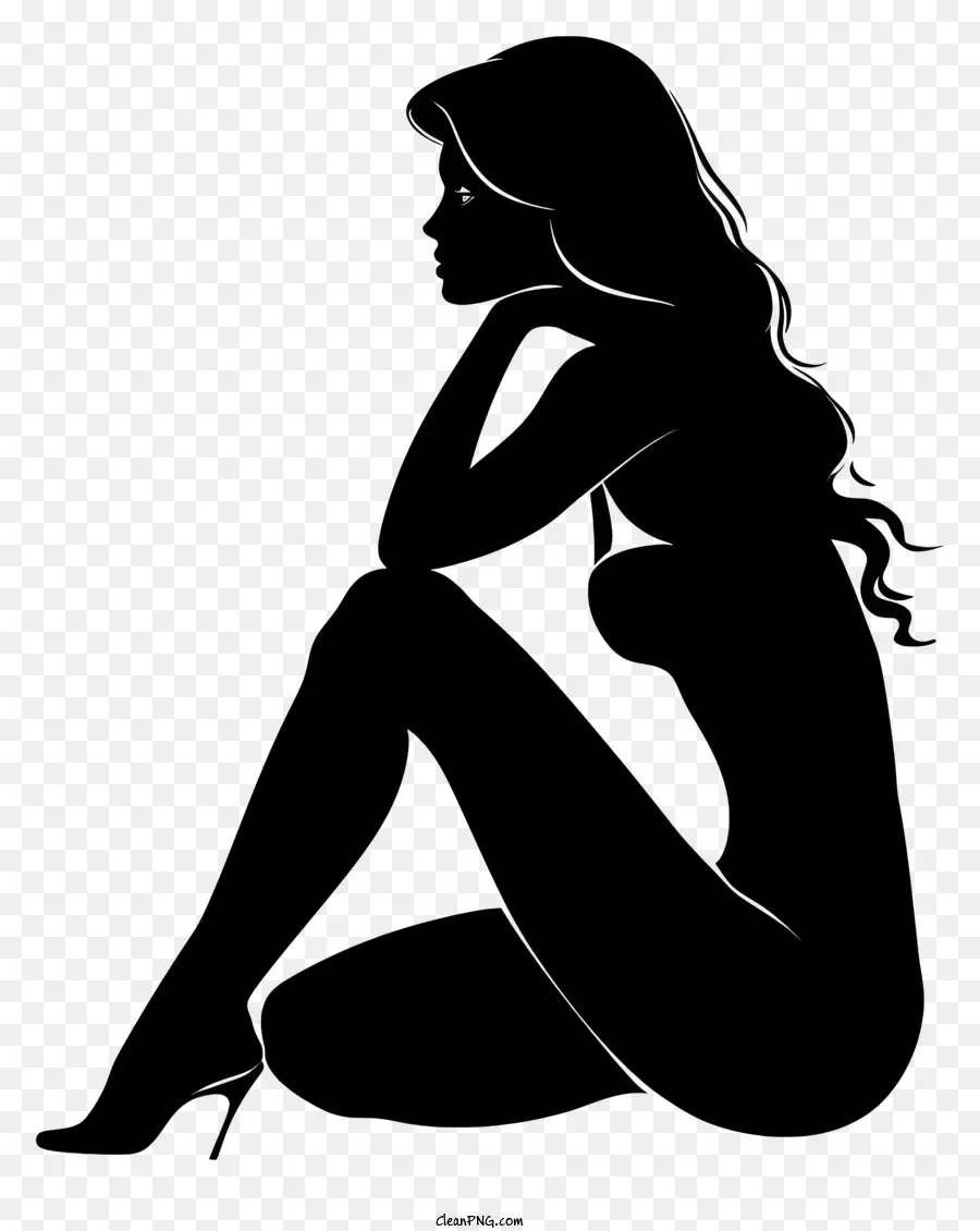 Silhouette sexy Woman Black Abito capelli lunghi - Donna in abito nero seduto pensieroso