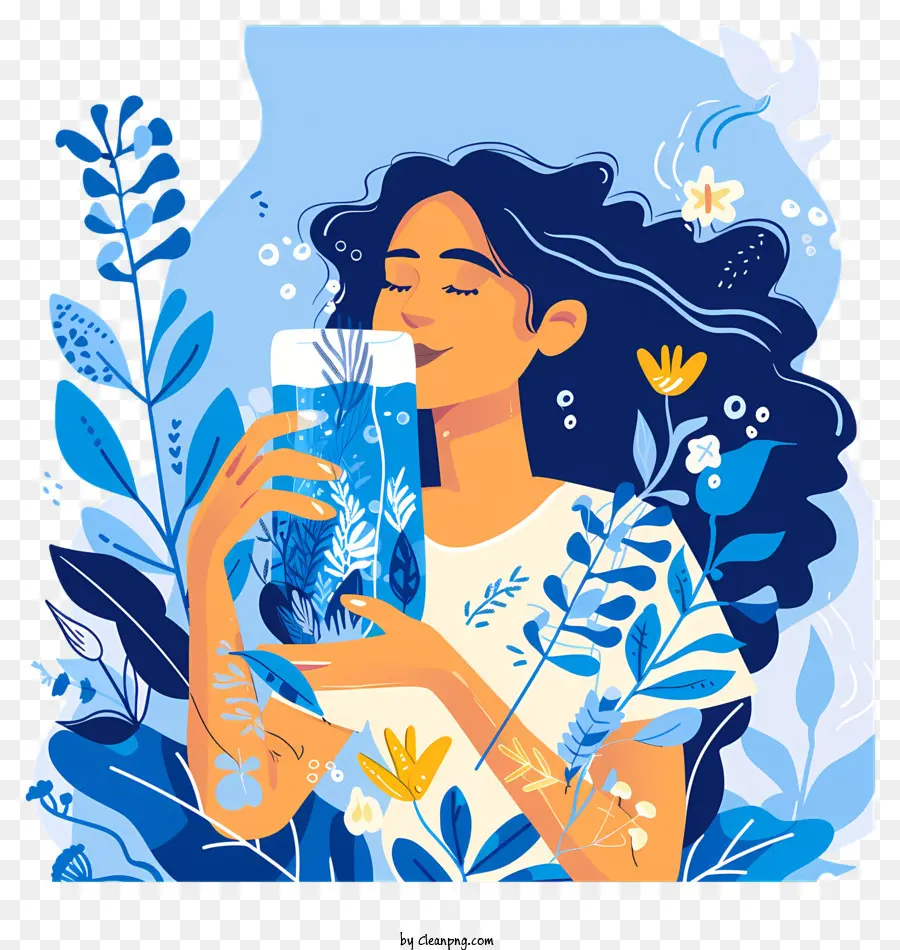 Thế Giới Ngày Nước - Người phụ nữ uống nước trong rừng với hoa một cách yên bình