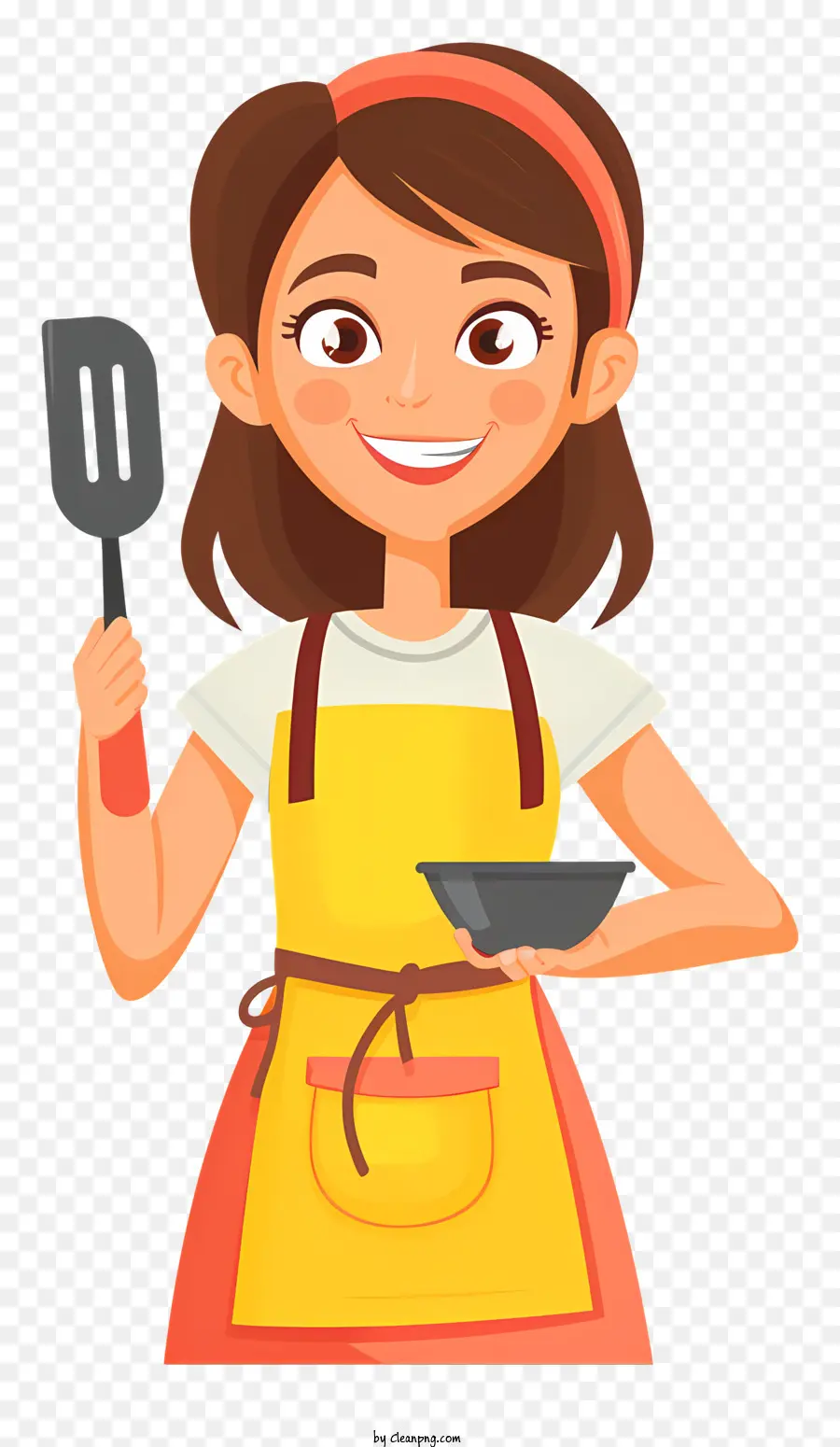 Kochfrau Cartoon Kochen Frau Schürze Spatel - Glückliche Frau in Orangenschürze Kochen