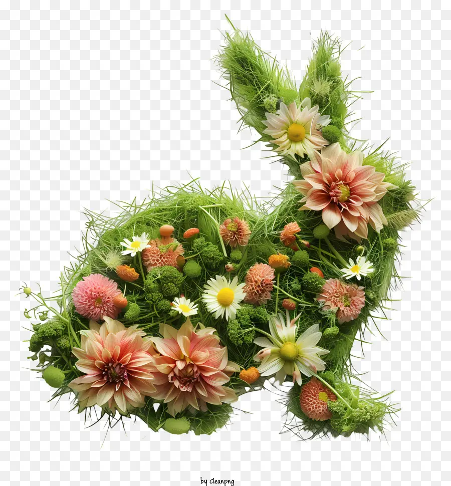 disegno floreale - Coniglio di erba con fiori, orecchie rosa