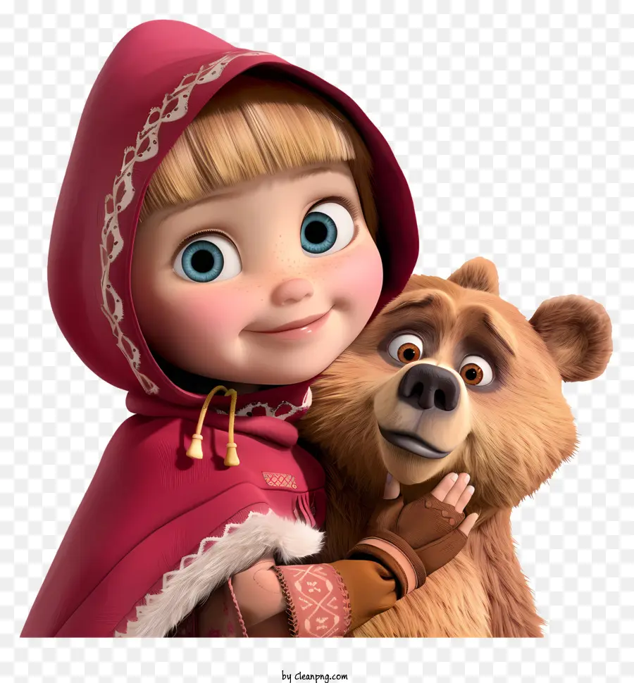 Mascha und der Bär - Mädchen in rotem Kap umarmt großer Bär