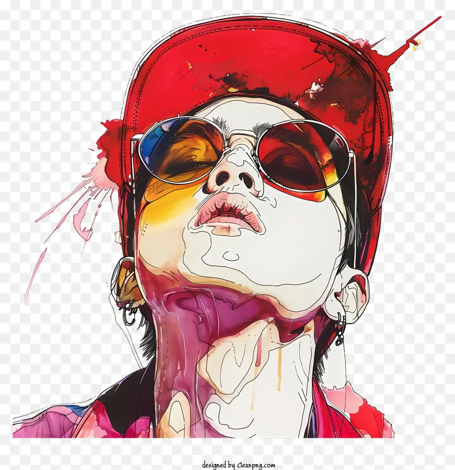 G-Dragon Porträt Sonnenbrille Red Hat Lippenstift - Lebendiges Porträt der Frau, die mit Sonnenbrillen singt