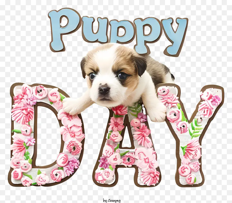 Puppy Day Puppy Pink Flowers Blue Background Happy Puppy - Con chó con vui vẻ với những bông hoa màu hồng, 'Ngày chó con